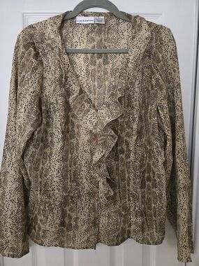 croft & barrow Beige and Brown Ruffle Front Snake Print Blouse